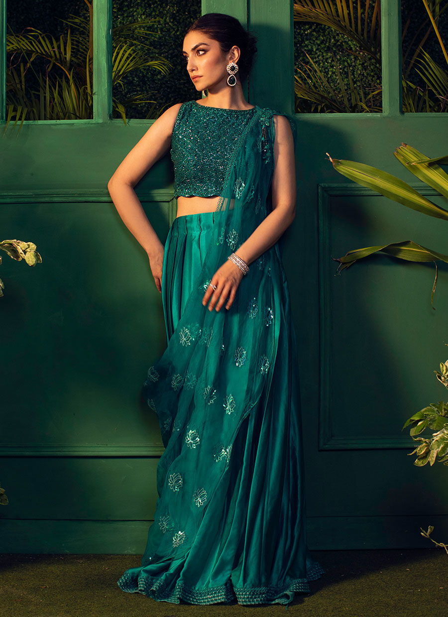 Persian emerald draped Lehenga Choli - FTA
