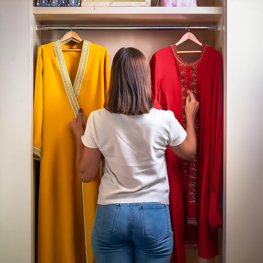 Woman picking between two Pakistani shalwar kameez outfits in her closet. What stays what goes? Decluttering