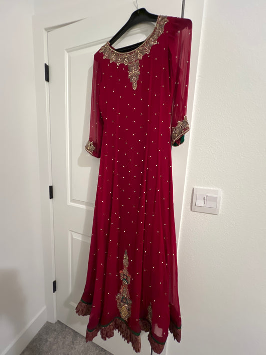 Deep Red A - Line Long Shirt with Dupatta - Sanam Boutique