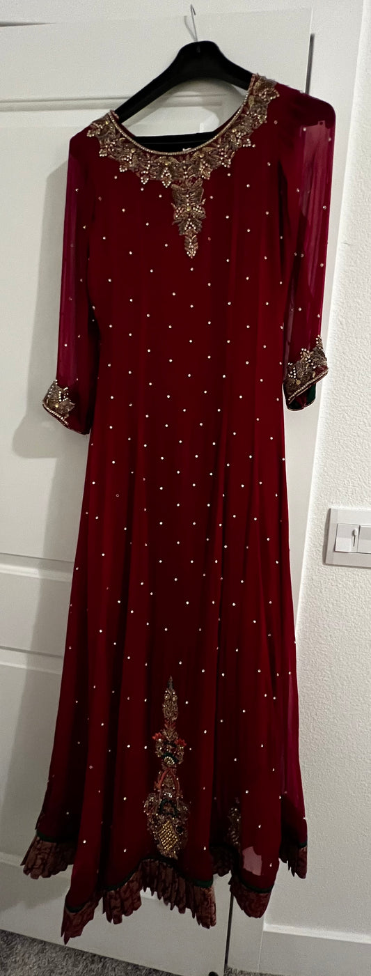 Deep Red A - Line Long Shirt with Dupatta - Sanam Boutique